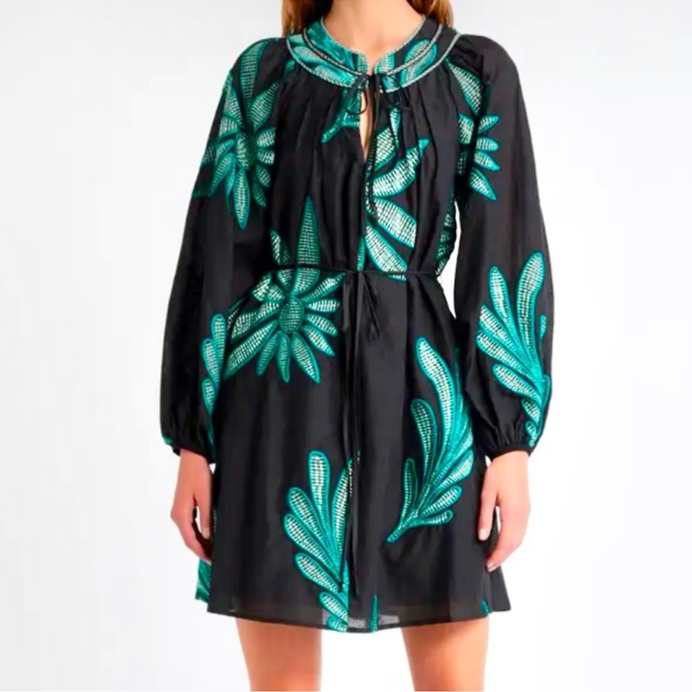 Ciebon black Dress with Teal Leaf Embroidery - Women
